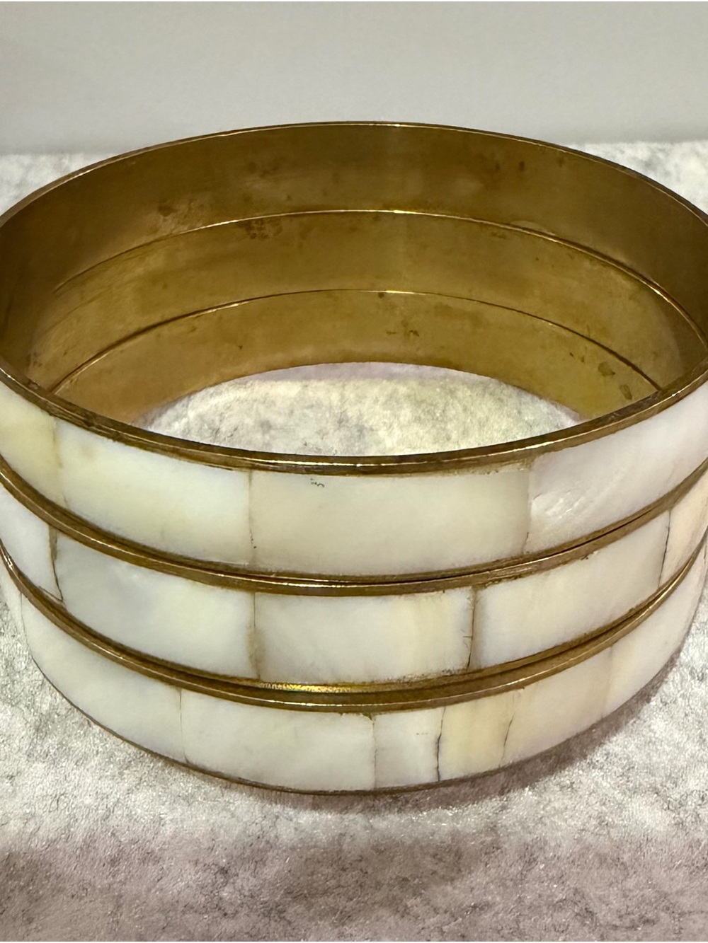 White Mother-of-Pearl Inlay Bangle with Gold-Tone Bands